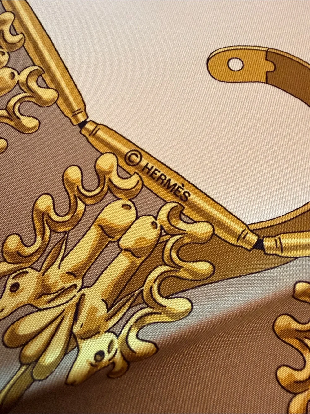 Hermes Gold and Cream Silk Scarf